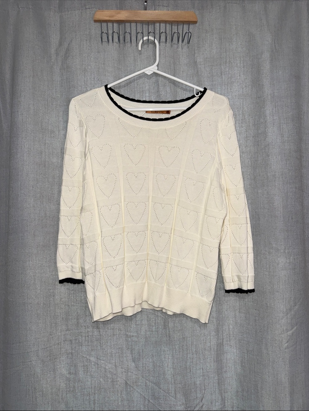 Belldini Heart Pointelle Knit Pullover Sweater Cream Black Trim